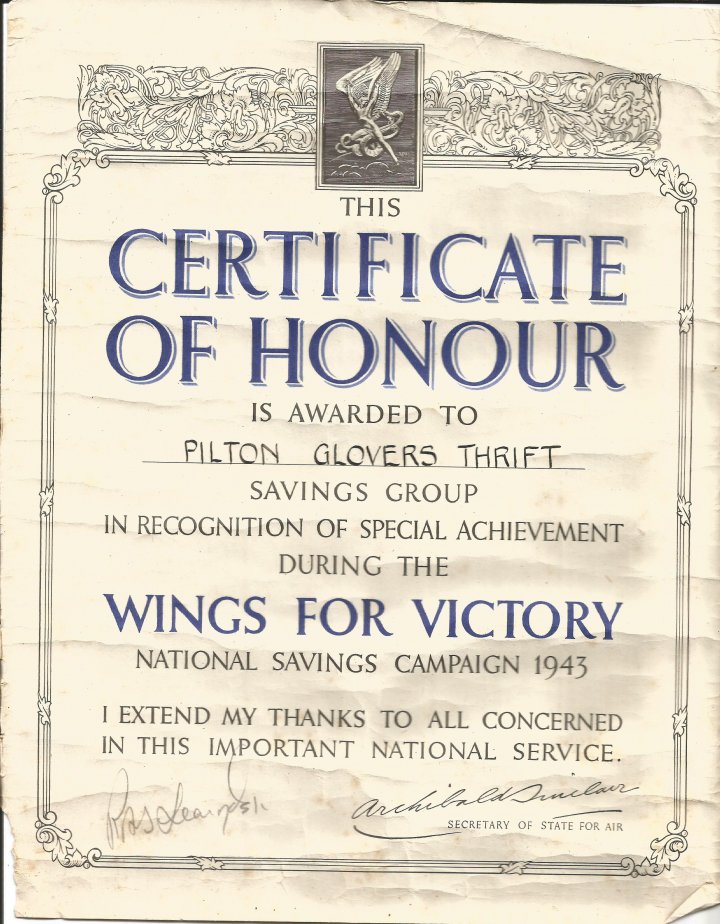 Certificate of Honour awarded to Pilton the Glovers Thrift Savings Group during the World War II National Savings Campaign in 19