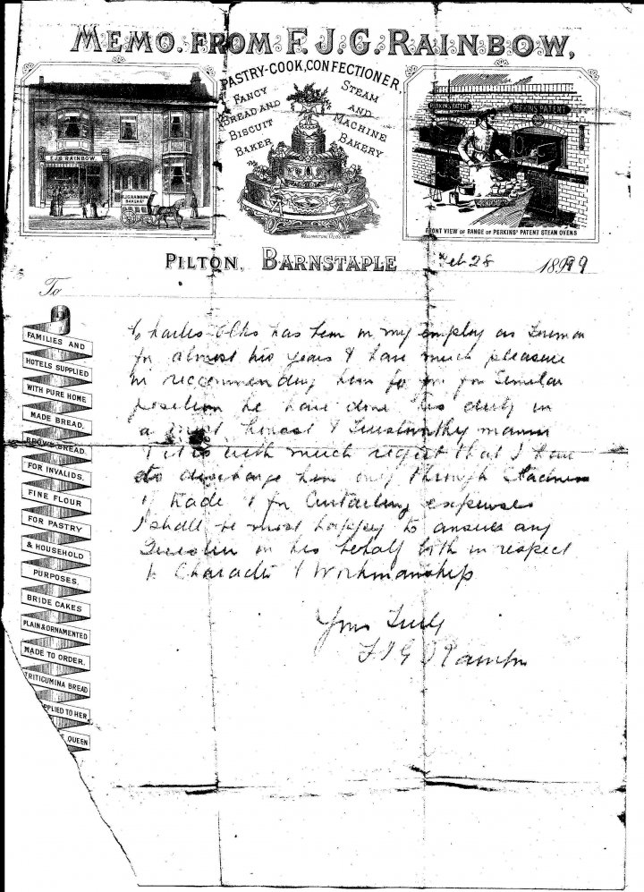 Reference from Mr Frederick Rainbow, Pastry Cook of Pilton Street for Charles Elks February 1899
