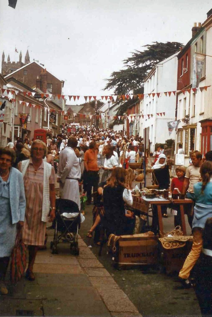 The Medieval Market in Pilton Street during the first Pilton Festival in 1982 
