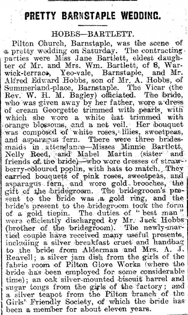 Wedding of Alfred Hobbs and Jane Bartlett in Pilton Church in July 1920