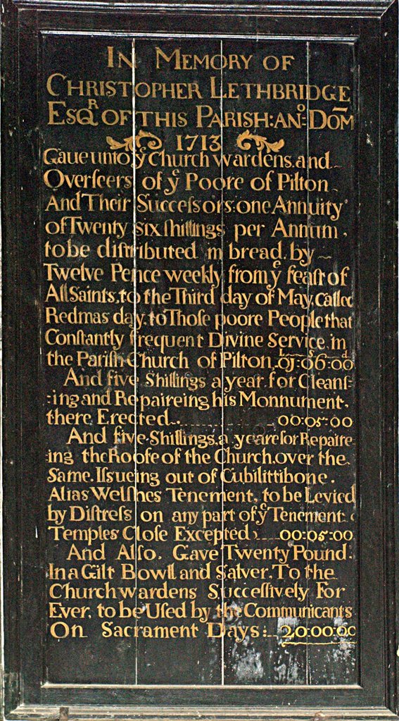 Tablet in Memory of Christopher Lethbridge 1713 in Pilton Church