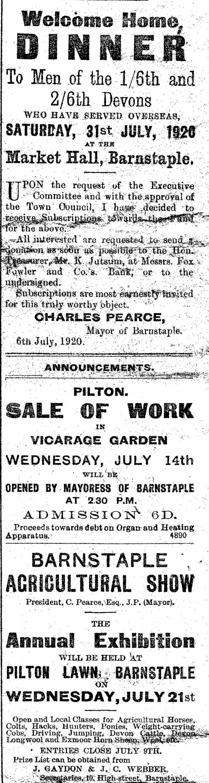 Pilton in the North Devon Herald, July 8, 1920 – Welcome Home for the Devons, Sale of Work and Barnstaple Agricultural Show