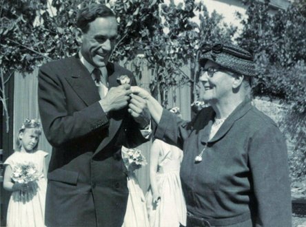 Jeremy Thorpe MP receives a buttonhole from Miss Allsop of Pilton House in May 1961