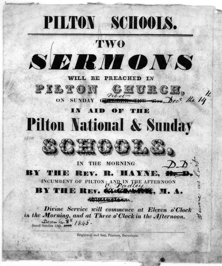 Poster for Two Sermons for Pilton Schools in 1845