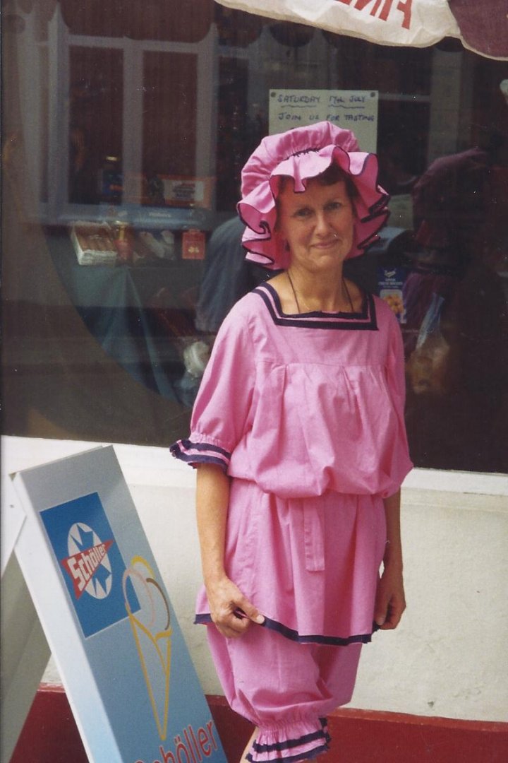 Heather Dwyer of Pilton Stores as a Victorian Bather in about 1998
