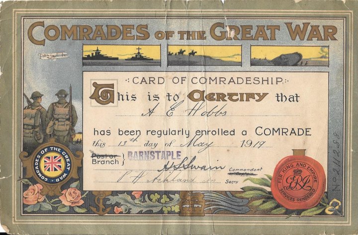 Comrades of the Great War Certificate of Alfred Edward Hobbs