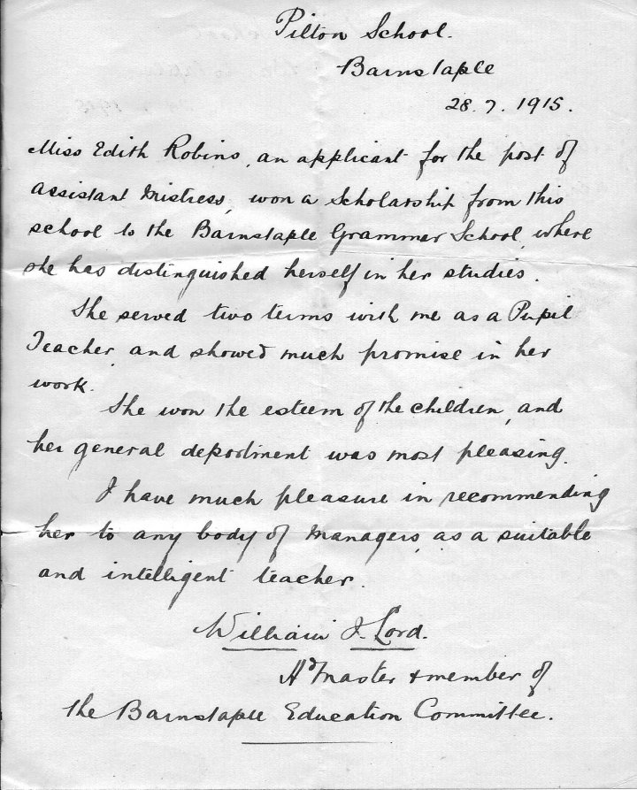 Letter concerning Miss Edith Robins of Pilton in 1915